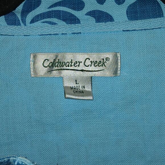 Coldwater Creek Jacket Blue Floral Denim Button Up Teal Blazer 100% Cotton Large - Picture 5 of 7